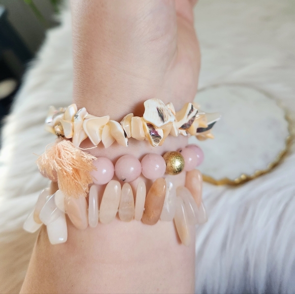 New Ryze Natural Stone Rose Quartz & White Druzy Bracelet Staxx - Set of 3 - Picture 7 of 7